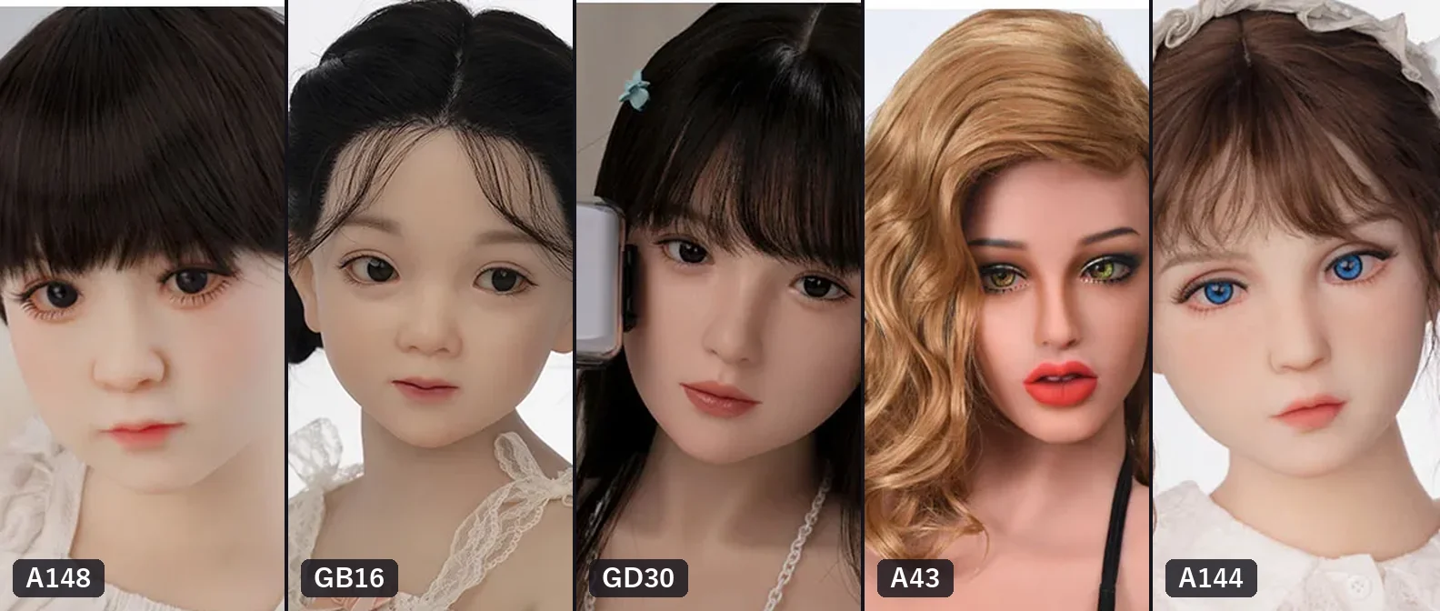 代理店が掲載している AXB Doll の選べるヘッドの見本（A148・GB16・GD30・A43・A144）
