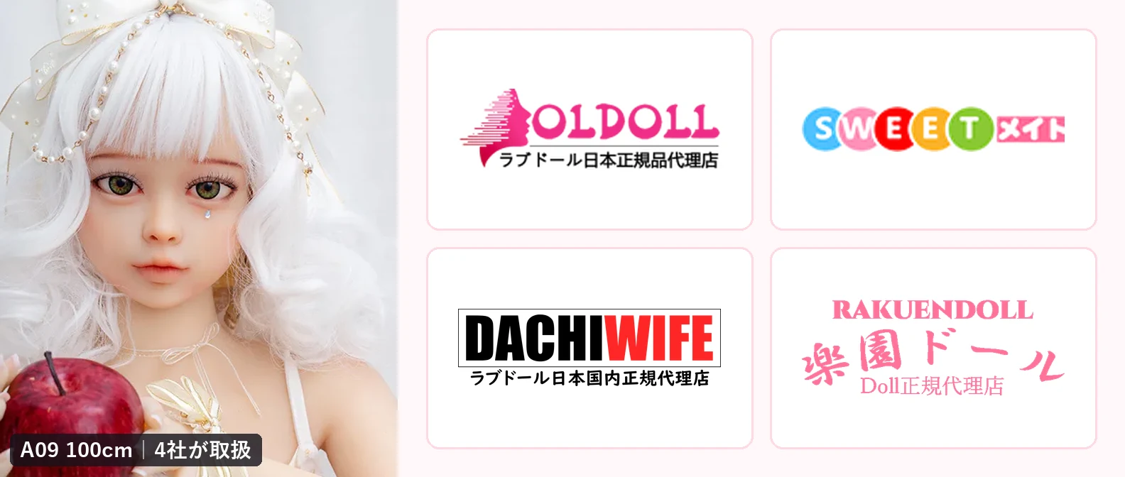 4社すべてが扱う AXB Doll A09 100cm と、正規取扱代理店4社（オルドール・Sweetメイト・DACHIWIFE・楽園ドール）